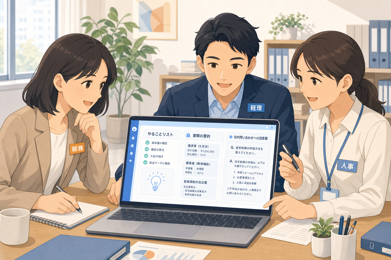オフィスのデスクで総務・経理・人事の担当者がAIアシスタントによる社内問い合わせ回答の下書きや帳票の整理チェックリストを確認しているイラスト