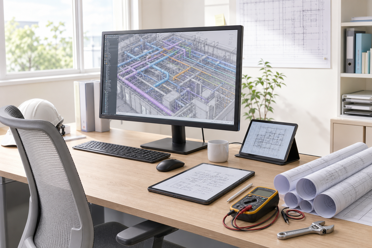 明るいオフィスでデスクの斜め後ろから見た構図で、モニターに図面が表示されテーブルに工具と図面、タブレットが並んだ設備工事事務所の情景
