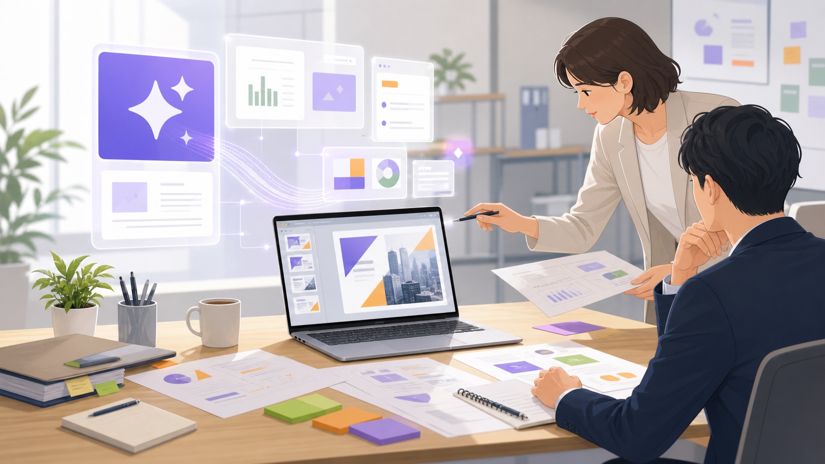 AIを活用して営業資料の構成やスライド案を整理する営業チームのイラスト